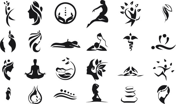 A digital illustration in Adobe Illustrator displaying a collection of 16 black silhouette icons related to spa and wellness themes. The icons depict various elements such as stylized human figures...