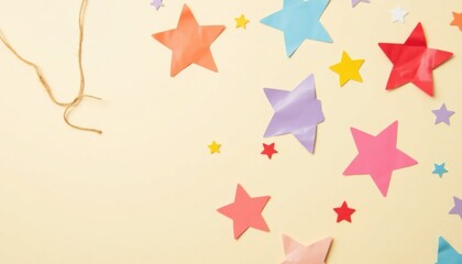 Colorful paper stars scattered on a light background with string for decoration during a craft session