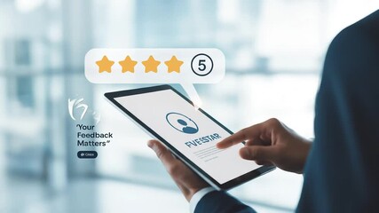 Man reviews a service on a digital tablet, giving it a high rating for excellent quality.