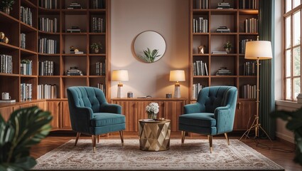 A cozy podcast recording room features two chairs facing each other with a bookshelf backdrop offe a high fidelity atmosphere within the space.