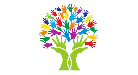 Vibrant tree of hands with a green trunk and a diverse canopy of colorful hand silhouettes. © Pemburu