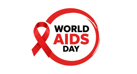 World AIDS Day graphic with a folded red awareness ribbon and bold text inside a red circular border.
