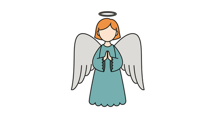 Cartoon Angel with Halo, Praying Hands, and Teal Dress