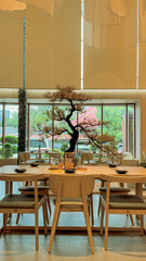 Minimalist Japanese-style dining space with natural light, wooden furniture, and a bonsai centerpiece
