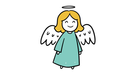 Cheerful hand-drawn cartoon angel with blonde hair, halo, and teal dress, featuring a simple, happy smile.