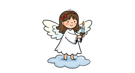 Cute Cartoon Angel Holding a Blue Candle on a Cloud