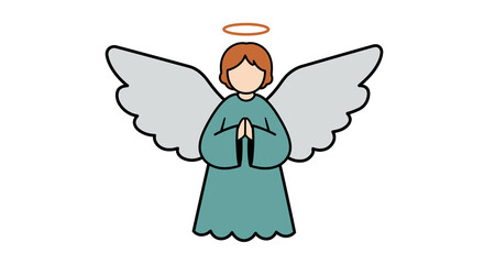 Praying angel character in a teal robe with large grey wings and a halo.