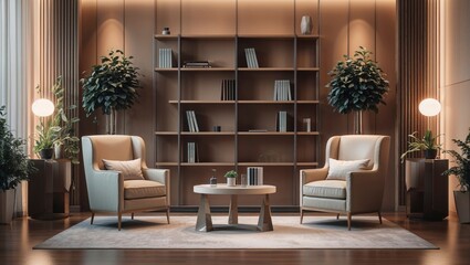 Luxurious podcast set features two armchairs facing each other with a bookshelf in a high fidelity modern interior design studio space today.
