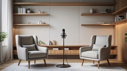 Minimalist podcast lounge showcases a contemporary high fidelity setup with two armchairs and shelving displaying books and decorative items.