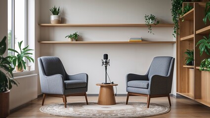 A minimalist podcast setup showcases high fidelity o equipment amid natural light and potted plants for a modern interview setting indoors.