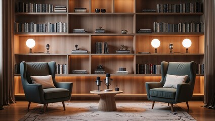 Elegant podcast lounge with bookshelves backdrop showcases modern design and inviting atmosphere for high fidelity o recording and conversation.