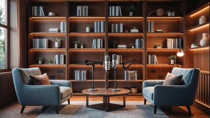 An elegant podcast lounge features two armchairs facing microphones centered amidst tall bookshelves filled with literature and decorative objects.