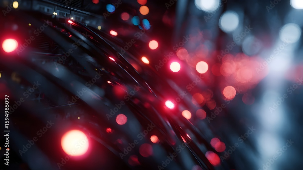 Poster glowing data cables and blinking lights in a server room