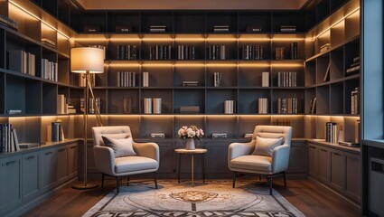 Inviting podcast interview corner featu armchairs and bookshelves illuminated with warm lighting offe a sophisticated ambiance for high