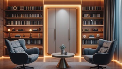 Sophisticated podcast interview corner showcases high fidelity o setup with bookshelves and comfortable chairs in a modern design space.
