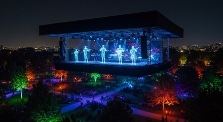Holographic musicians performing at a park stage