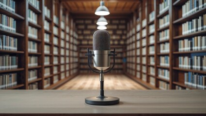In a premium podcast studio a high fidelity microphone stands ready for recording with bookshelves adding depth and professional vibe.