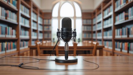 High fidelity microphone stands ready on polished wood in a classic podcast studio featu books and tables within a vintage library room.