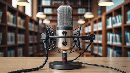 A high fidelity microphone sits ready in a premium podcast studio enhanced with modern equipment for optimal o quality and clear sound.