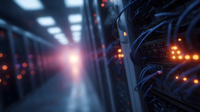 Glowing server room with blinking data cables and lights - Powered by Adobe