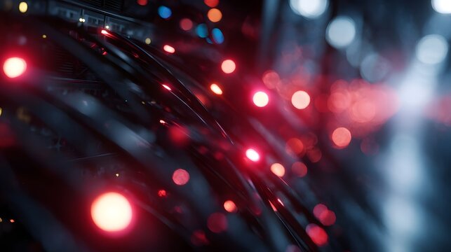 Glowing data cables and blinking lights in a server room