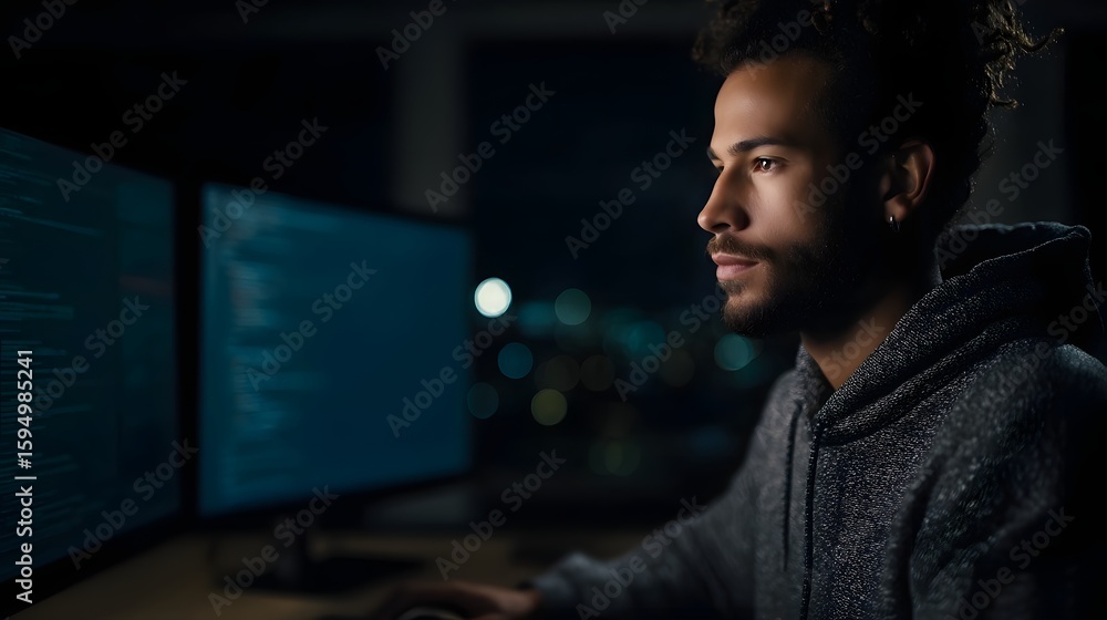 Poster Programmer coding on dual monitor setup with dark theme and focused workspace lighting