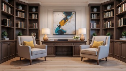 Sophisticated podcast studio boasts high fidelity o setup led within a stylish interior complete with bookshelves and armchairs providing