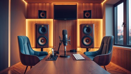 Professional recording studio provides a high fidelity o experience with speakers and microphone setup for music production and broadcasting.