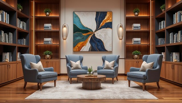 Sophisticated high fidelity podcast studio interior featu stylish armchairs and bookshelves creating an inviting o recording space.