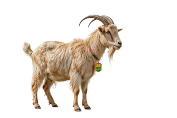 Majestic brown billy goat with large curved horns and a beard, standing proudly on a white background. The animal is isolated.