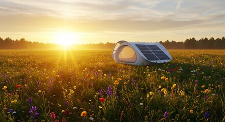Modern solar pod nestled in blooming meadow