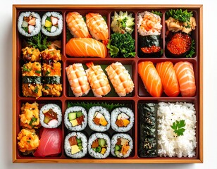 A delicious and fresh set of sushi rolls, gourmet Japanese food for a healthy meal
