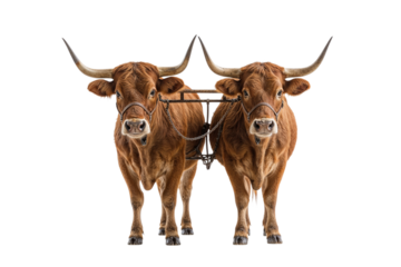 Two Oxen Yoked Together Standing Against a White Background, Ready to Work
