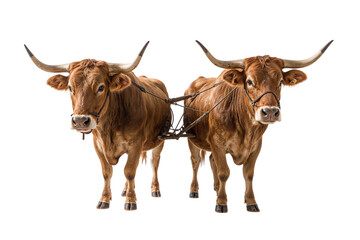 A powerful pair of brown longhorn cattle yoked together, representing teamwork, agriculture, and historical farming methods.