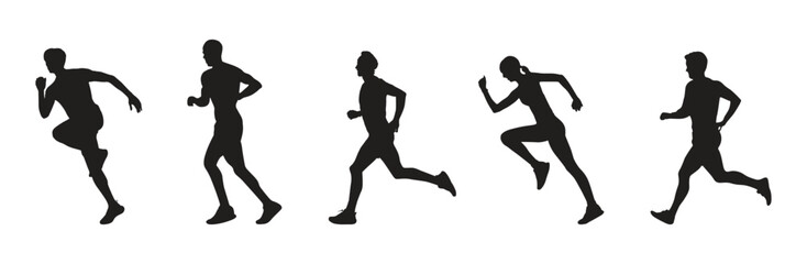 Silhouettes of People Running and Jogging Isolated on White Background