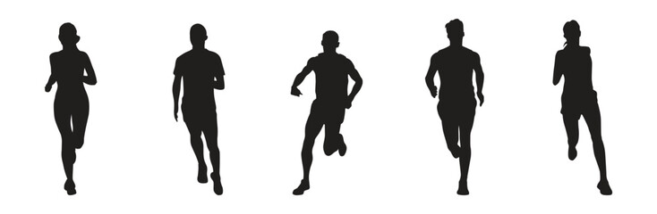Silhouettes of People Jogging and Running on White Background