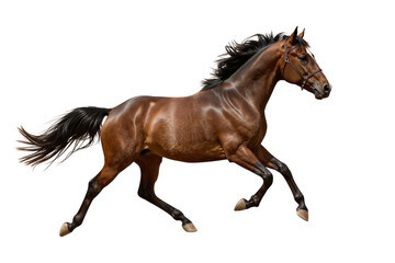 Fototapeta premium Magnificent Chestnut Horse Galloping with Graceful Power Against a Pristine White Background, Showcasing Equine Agility and Freedom in Motion.