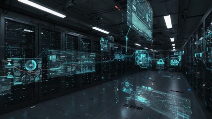 High-tech server room with digital interfaces and data flow - Powered by Adobe