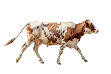 Side view of a beautiful walking brown and white spotted dairy cow isolated on a white background. Farm animal concept.