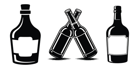 Black and White Rum or Brandy Bottle Illustration, Flat Vector Design On White Background

