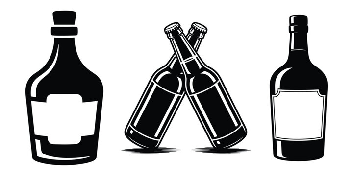 Black and White Rum or Brandy Bottle Illustration, Flat Vector Design On White Background


