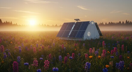 Solar cabin amidst wildflowers at dawn