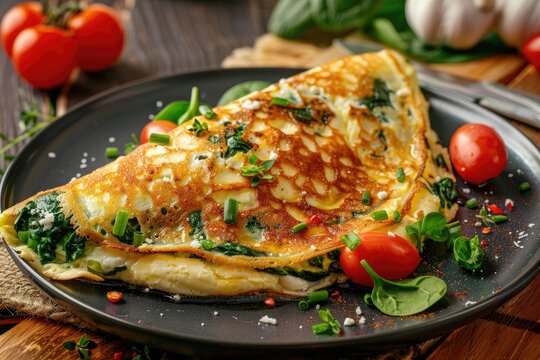 Fluffy breakfast omelette filled with ripe tomatoes, baby spinach and bold blue cheese flavor in a soft and golden wrap