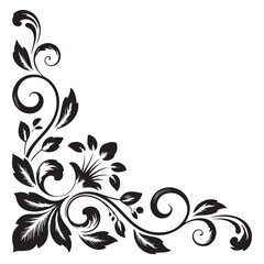 Ornate Floral Corner Ornament &ndash; Black and White Baroque L-Shaped Vector Design, Art & Illustration.