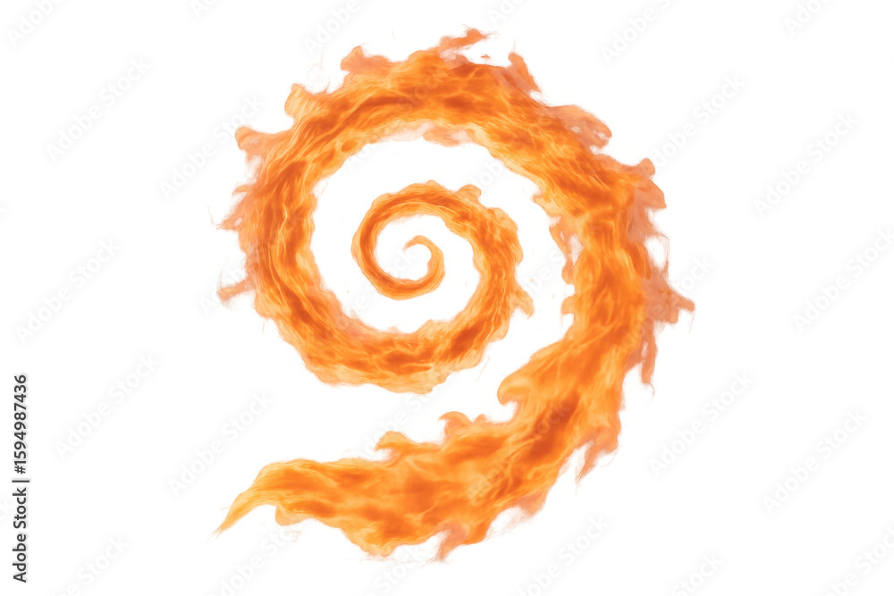 Poster fiery spiral vortex whirling dynamically, transparent backdrop showcasing intense flame movement for