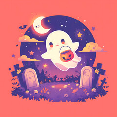 Cute Halloween Ghost Floating in Graveyard Scene

