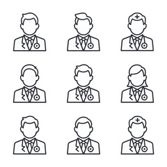 Collection of doctor icons with stethoscopes isolated on white background