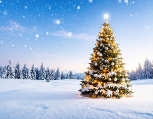 Fototapeta premium Festive christmas tree decorated with lights in a snowy winter landscape captured at dusk holiday spirit