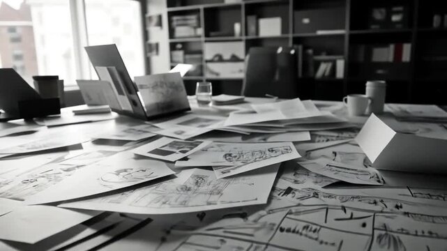 A cluttered workspace filled with sketches and planning documents.
