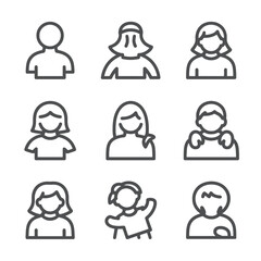 Collection of simple line art human avatar icons isolated on white background
